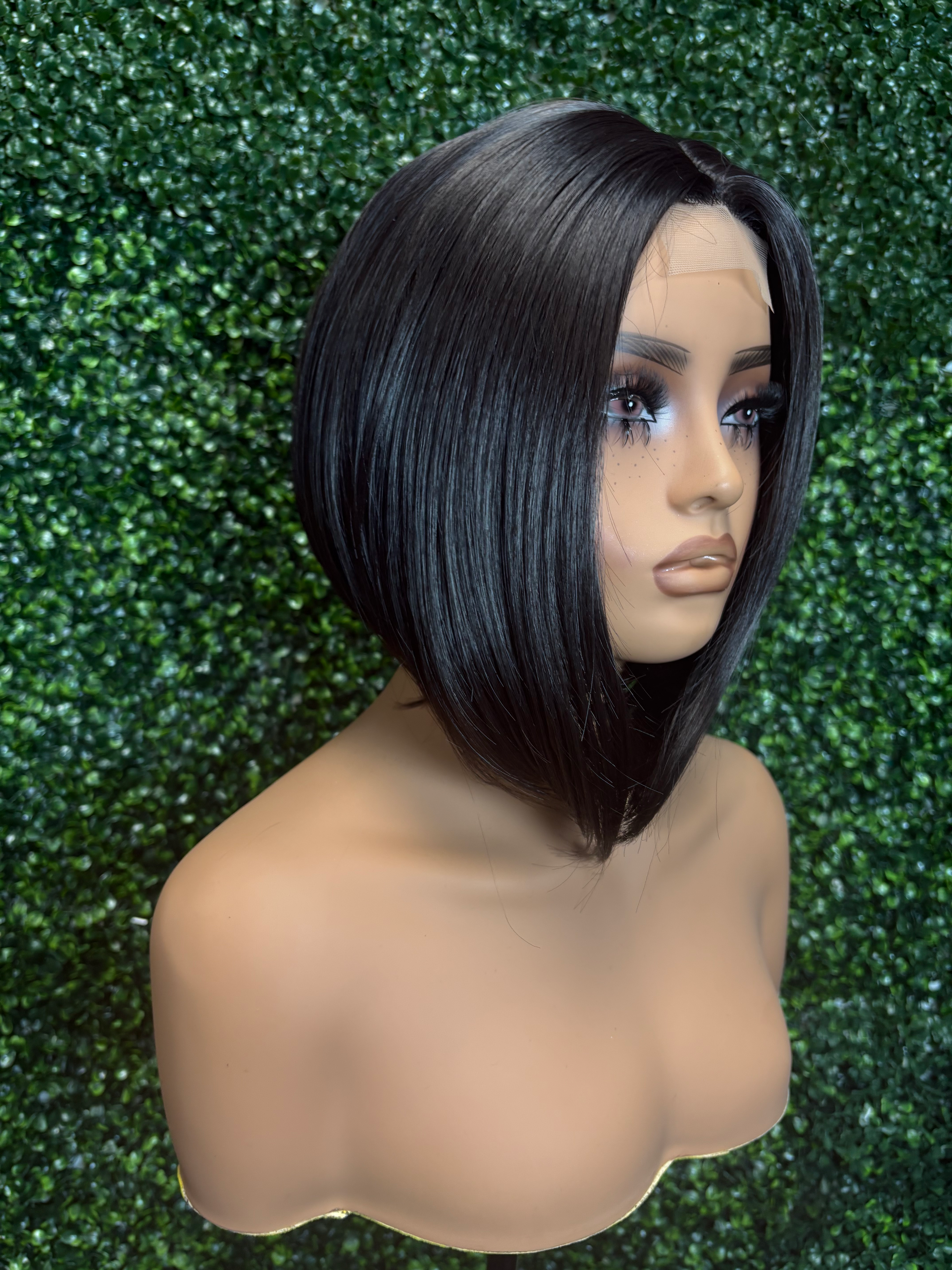 Black bob synthetic wig with center part