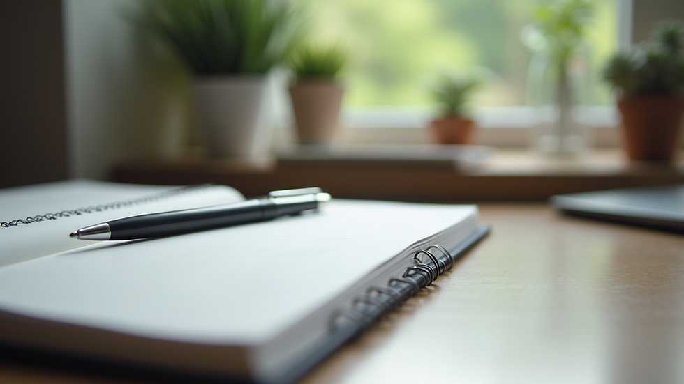 Eye-level view of a calm workspace with a notebook and pen
