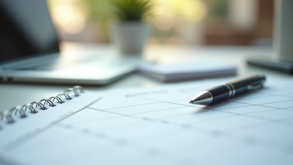 Close-up view of a calendar and a pen on a desk, symbolizing scheduling and planning