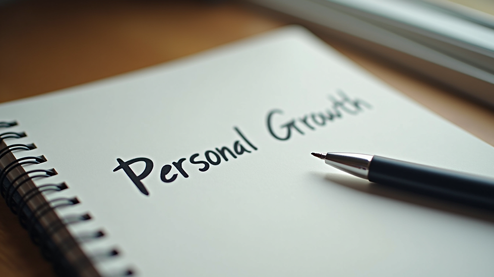 Close-up view of a notebook with personal growth notes and a pen