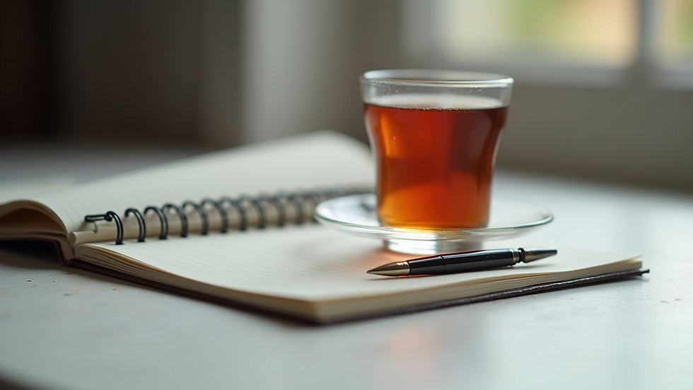 Close-up view of a notebook and pen on a desk with a cup of tea