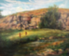 oil painting of little girls running thru grass by stream Lindy Cook Severns art