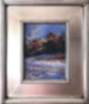 snowy red cliffs and road with footprints painting