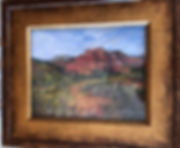 Gold framed pastel painting of Texas canyons in summer by Lindy Cook Severns