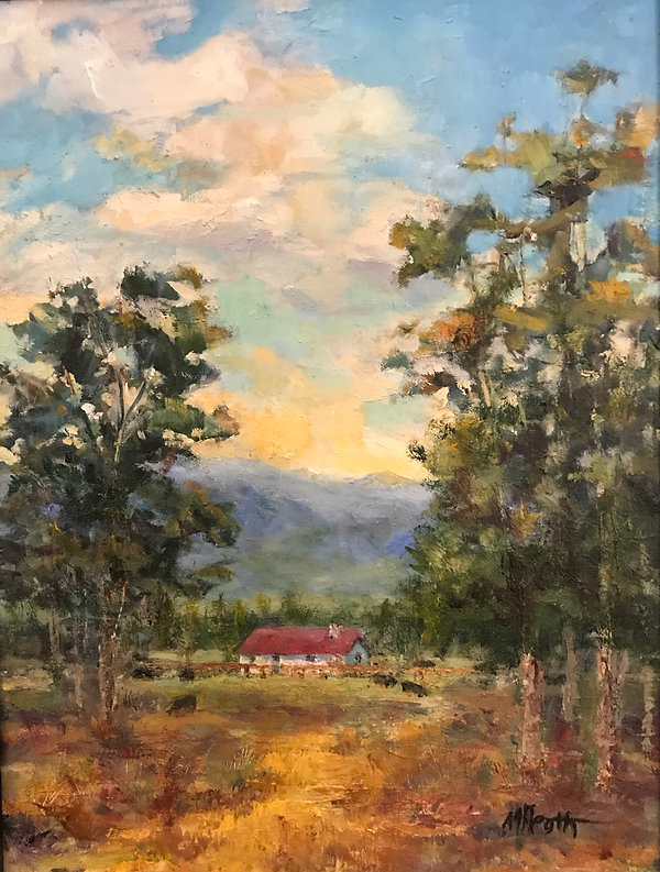 red roofed house trees mountains oil painting Margaret Heath