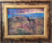 Antique gold framed landscape painting of a burro in a desert sunset by Lindy Cook Severns art