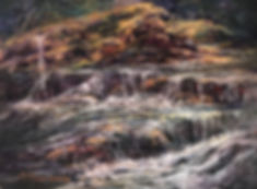 waterfalls over golden moss boulders painting Lindy C Severns