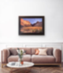 golden light on desert canyon Lindy Cook Severns oil painting over sofa