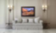 Drenched in Dawn oil painting above off white sofa