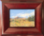 cherry wood framed miniature landscape painting of horse herd and barbed wire