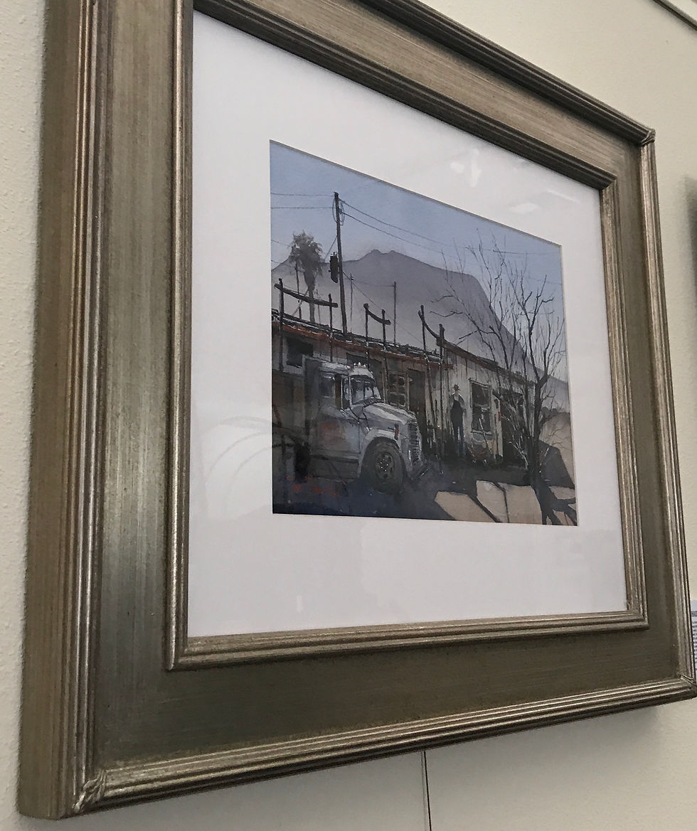 Thumbnail: old building old man in coveralls and old truck watercolor framed