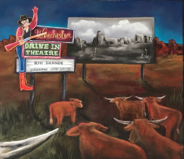 painting drive in theatre cowboy with rifle and cattle