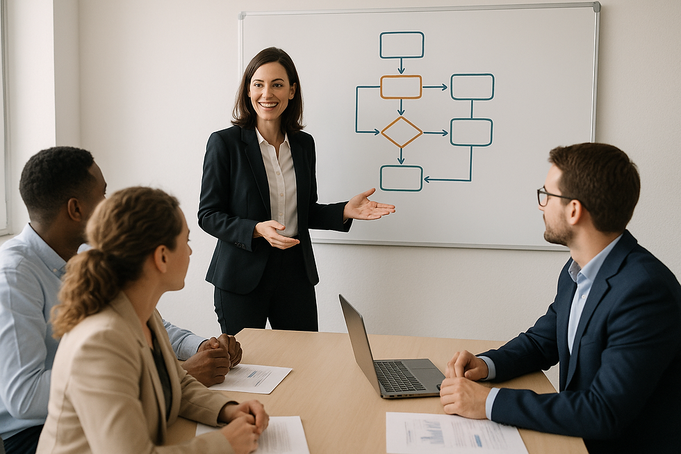 Un dirigeant ou une dirigeante en réunion avec une petite équipe, autour d’un tableau blanc ou d’un écran affichant un diagramme de processus.