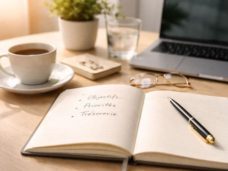 Bureau lumineux avec carnet de notes et stylo, illustrant la clarté et l’organisation en gestion financière pour dirigeants de TPE et PME.
