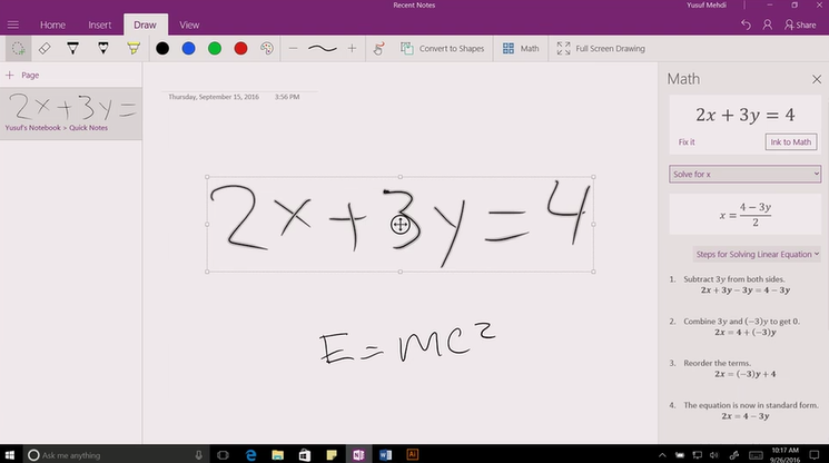 OneNote Doing Math Screen shot