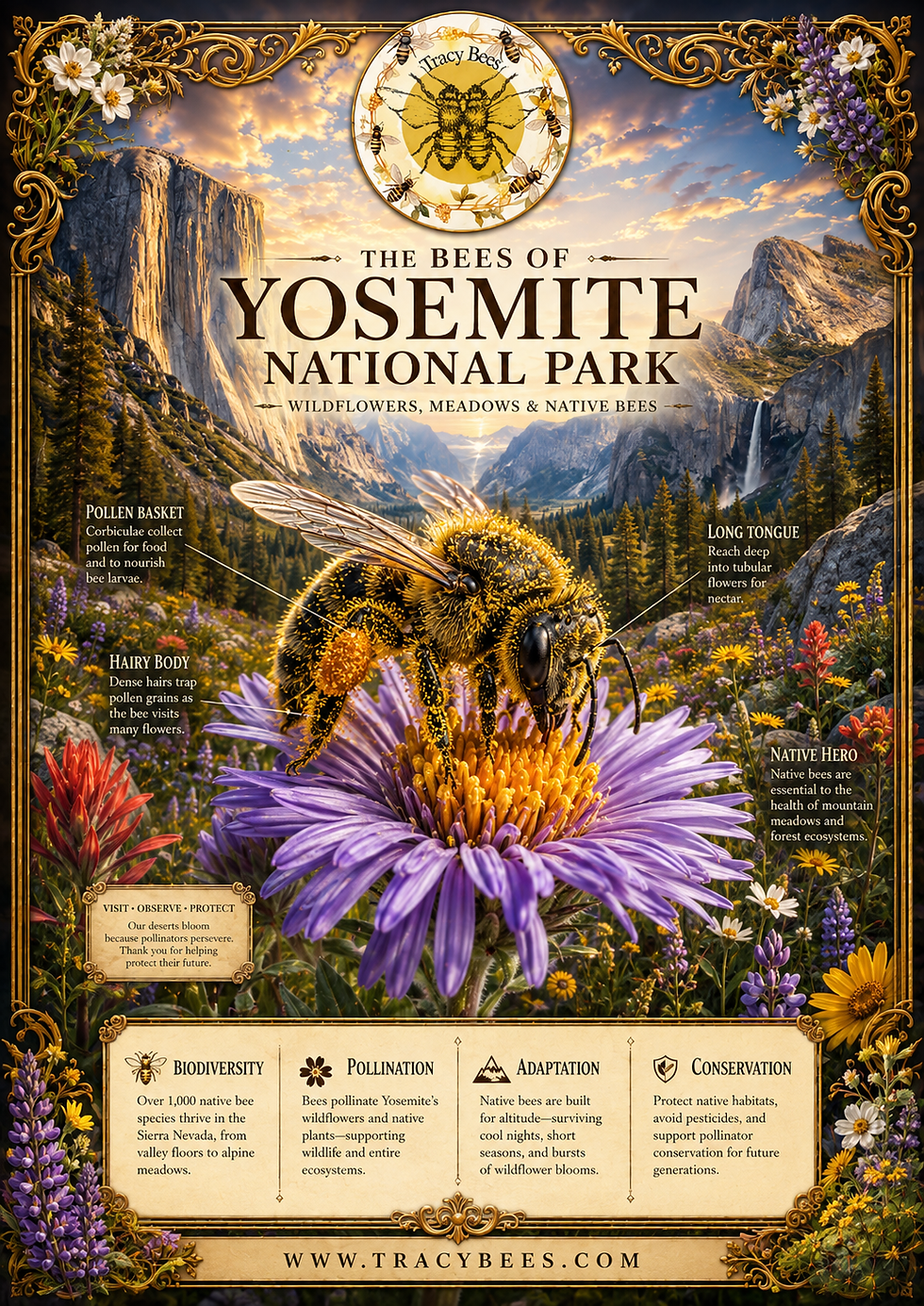 A vivid Tracy Bees natural-history illustration titled “The Bees of Yosemite National Park: Wildflowers, Meadows & Native Bees,” featuring a highly detailed pollen-covered native bee on a purple mountain wildflower with Yosemite granite cliffs, waterfalls, evergreen forests, colorful alpine meadows, warm golden light, ornate botanical framing, and the Tracy Bees logo.