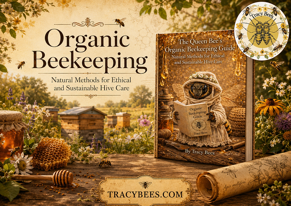 Featured Tracy Bees organic beekeeping book displayed with natural hives, flowers, honeycomb, and bee-inspired artwork.