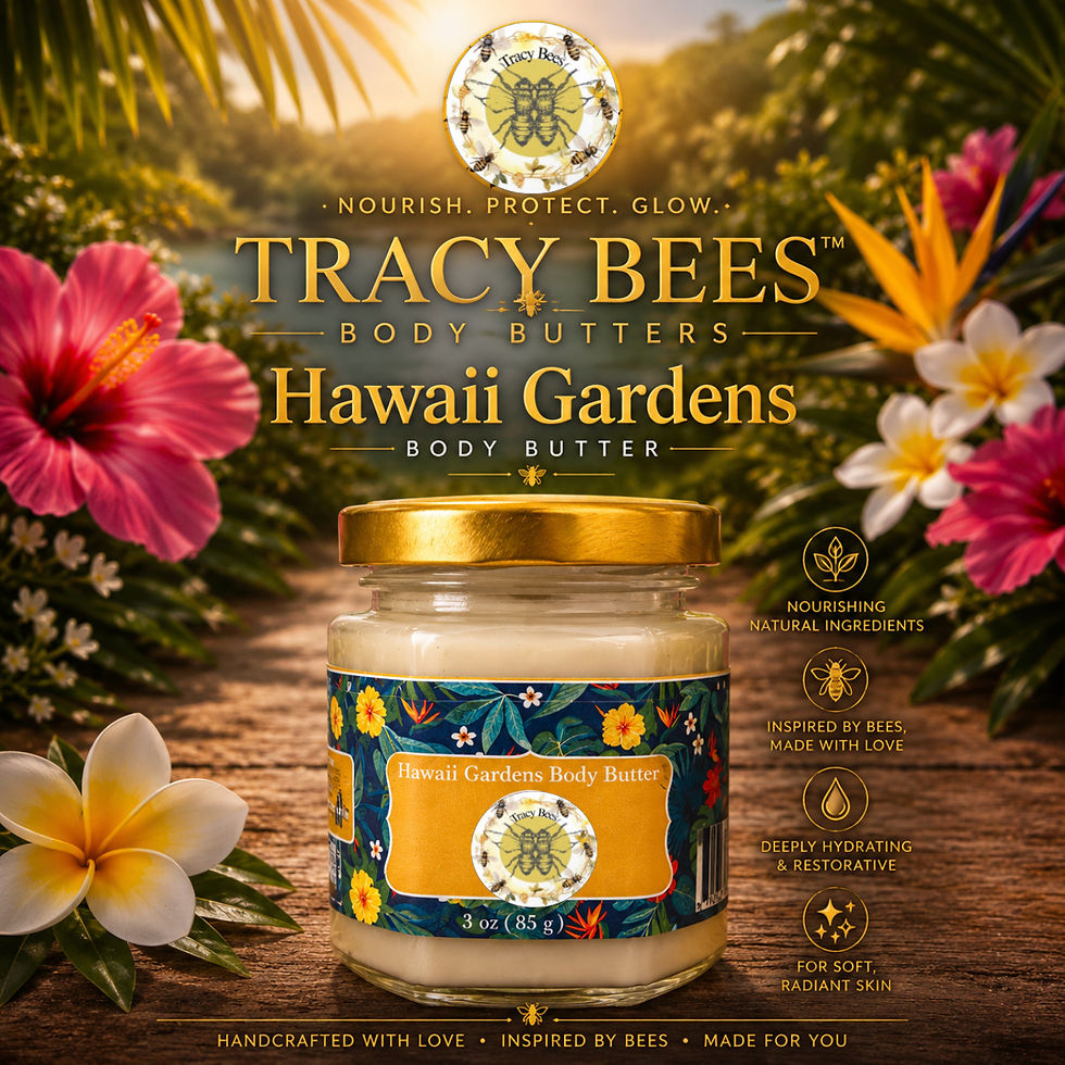 Tracy Bees Hawaiʻi Gardens Body Butter featuring shea butter and tropical flower-inspired botanicals, surrounded by hibiscus, plumeria, tropical greenery, and island garden elements for moisturizing natural skin and hair care.