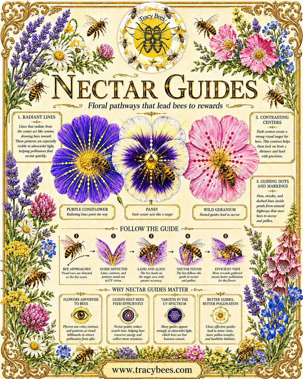 Tracy Bees Victorian botanical infographic titled “Nectar Guides: Floral Pathways That Lead Bees to Rewards,” showing honey bees visiting purple, pink, and white flowers with radiating lines, contrasting centers, dots, and ultraviolet guide patterns that direct bees toward nectar and pollen.