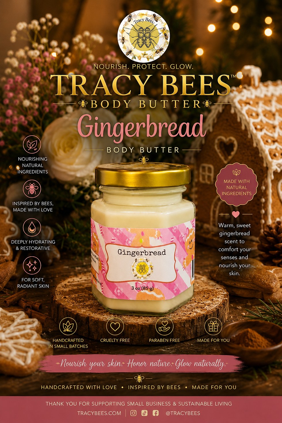 Tracy Bees Gingerbread Body Butter with warm gingerbread-inspired design and nourishing shea butter