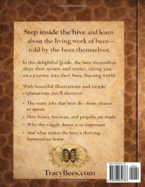 Back cover of The Hive Guide by Tracy Bees with information about honeybee roles, cooperation, storytelling and life inside t