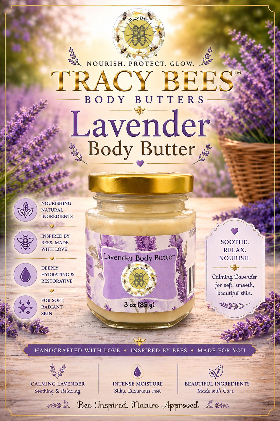 Tracy Bees Lavender Body Butter with lavender-inspired botanical design and nourishing shea butter