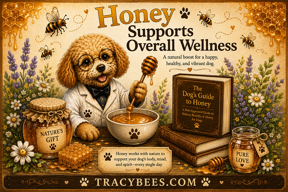 Natural benefits of honey for dogs educational illustration by Tracy Bees