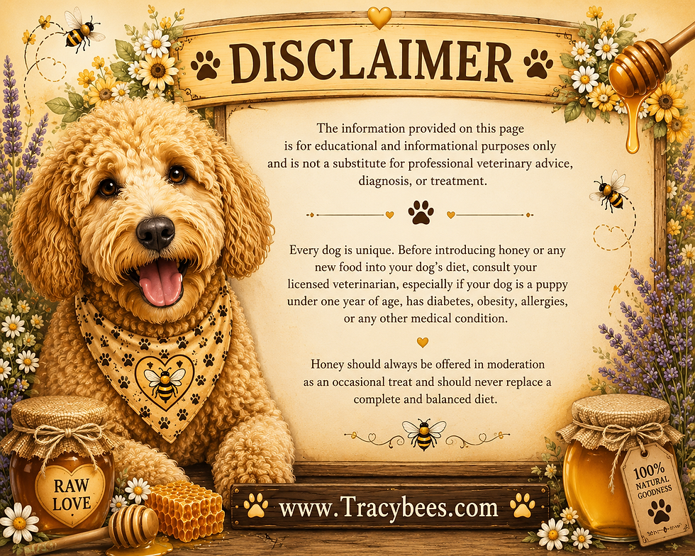 Health disclaimer for honey and dogs featuring a golden doodle and honey theme
