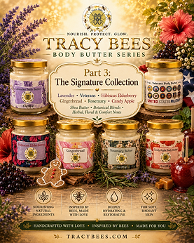 Tracy Bees Body Butter Series Part 3 featuring the Signature Collection of handcrafted shea butter body butters for skin and hair, surrounded by botanical ingredients and floral elements.