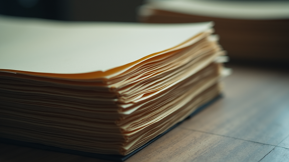 Close-up view of a stack of organized files ready for transfer
