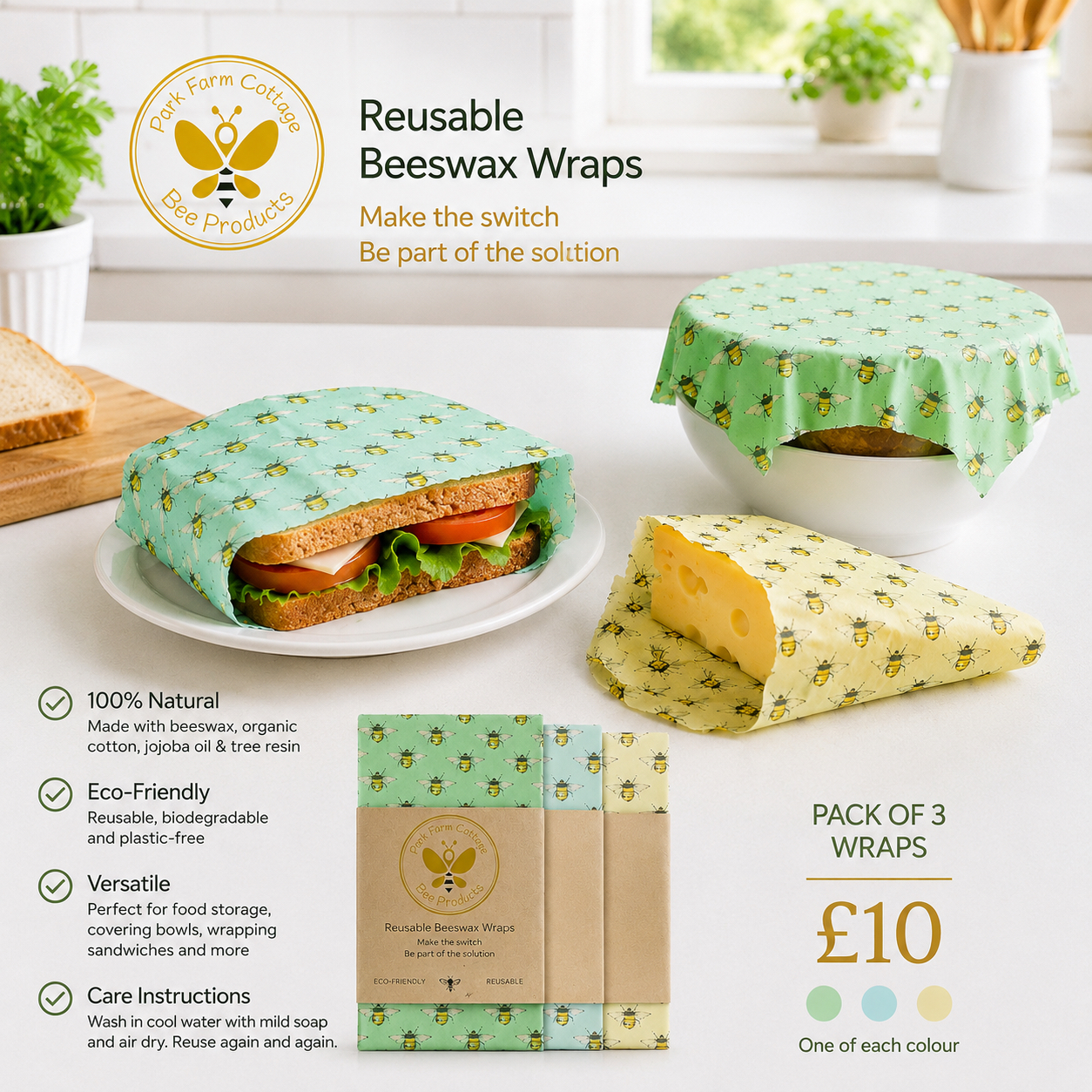 Beautiful reusable beeswax food wraps featuring a delicate bee pattern.