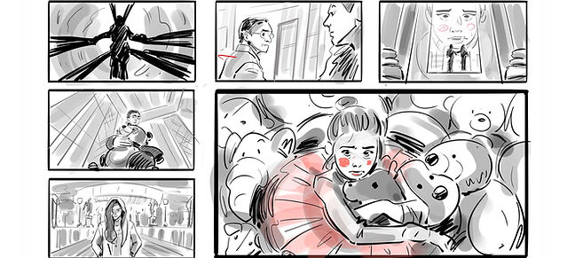 Hand-drawn professional storyboard for cinematic production, featuring complex camera angles and sequential visual storytelling. This artistic breakdown provides an essential blueprint for directors and cinematographers to visualize and plan high-end film scenes, ensuring technical precision, narrative coherence, and creative clarity from pre-production through to the final shoot.