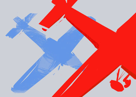 Red airplane on the snow, minimal conceptual illustration, certified Italian contemporary artwork.