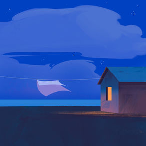 Serene nocturnal landscape with a warm home. Marica Baglieri minimalist editorial illustration and giclée print