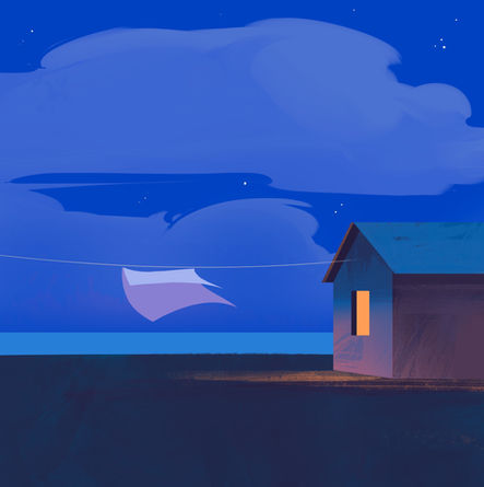 Serene nocturnal landscape with a warm home. Marica Baglieri minimalist editorial illustration and giclée print