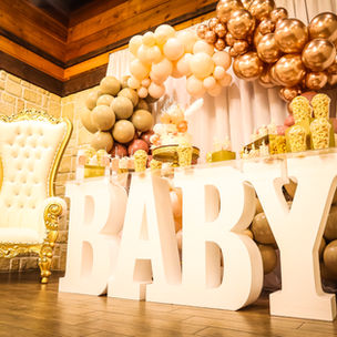 Baby shower decor, Baby table, throne chair, balloon garland, champagne wall