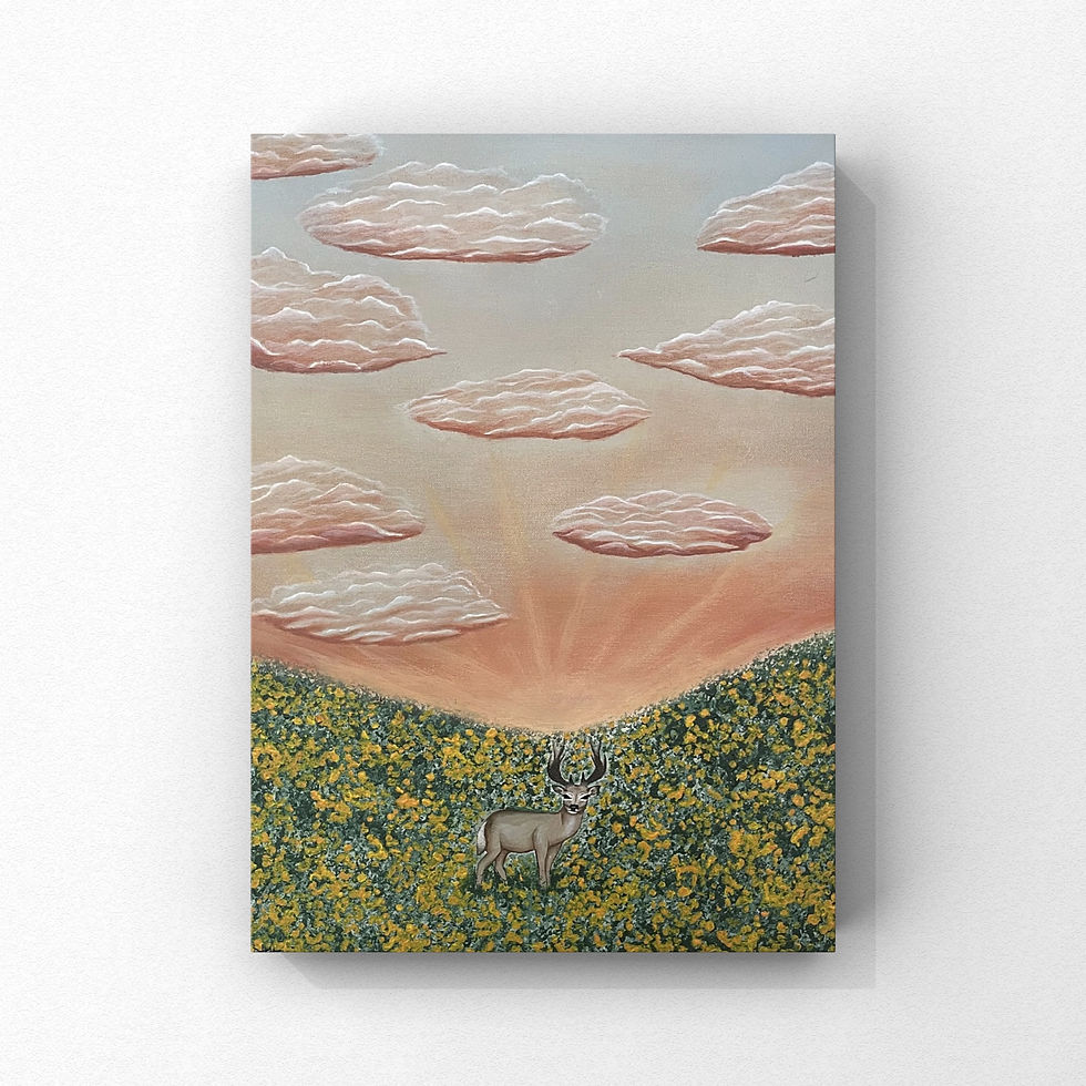 Det är en färgglad tavla som ska föreställa en hjort som står på ett gult blomfält vid en solnedgång. med en vit bakgrund.