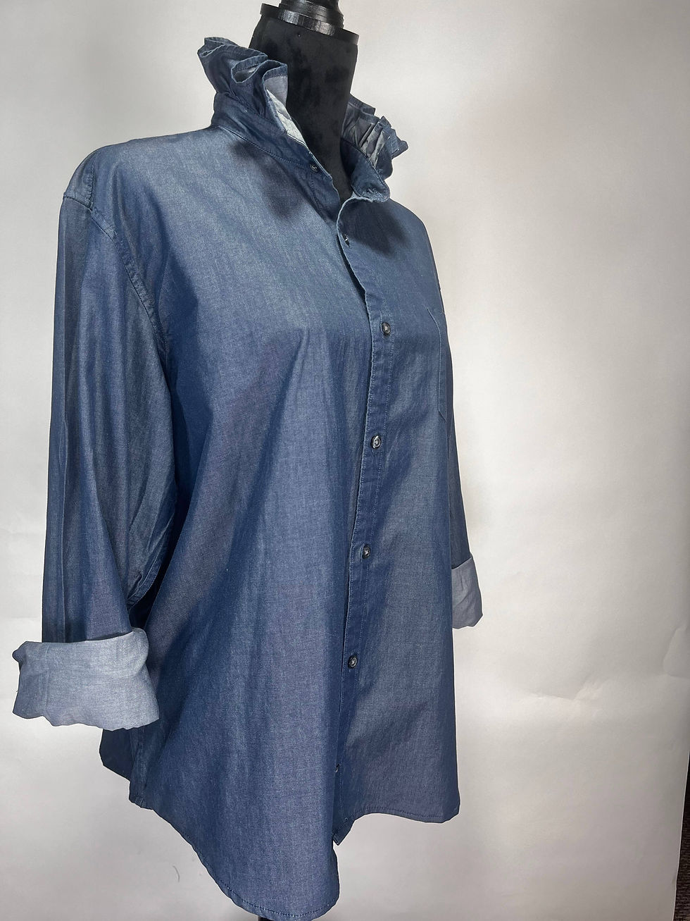 Thumbnail: Bespoke Ruffle Collar Cottagecore Women Shirt Navy Denim L-X