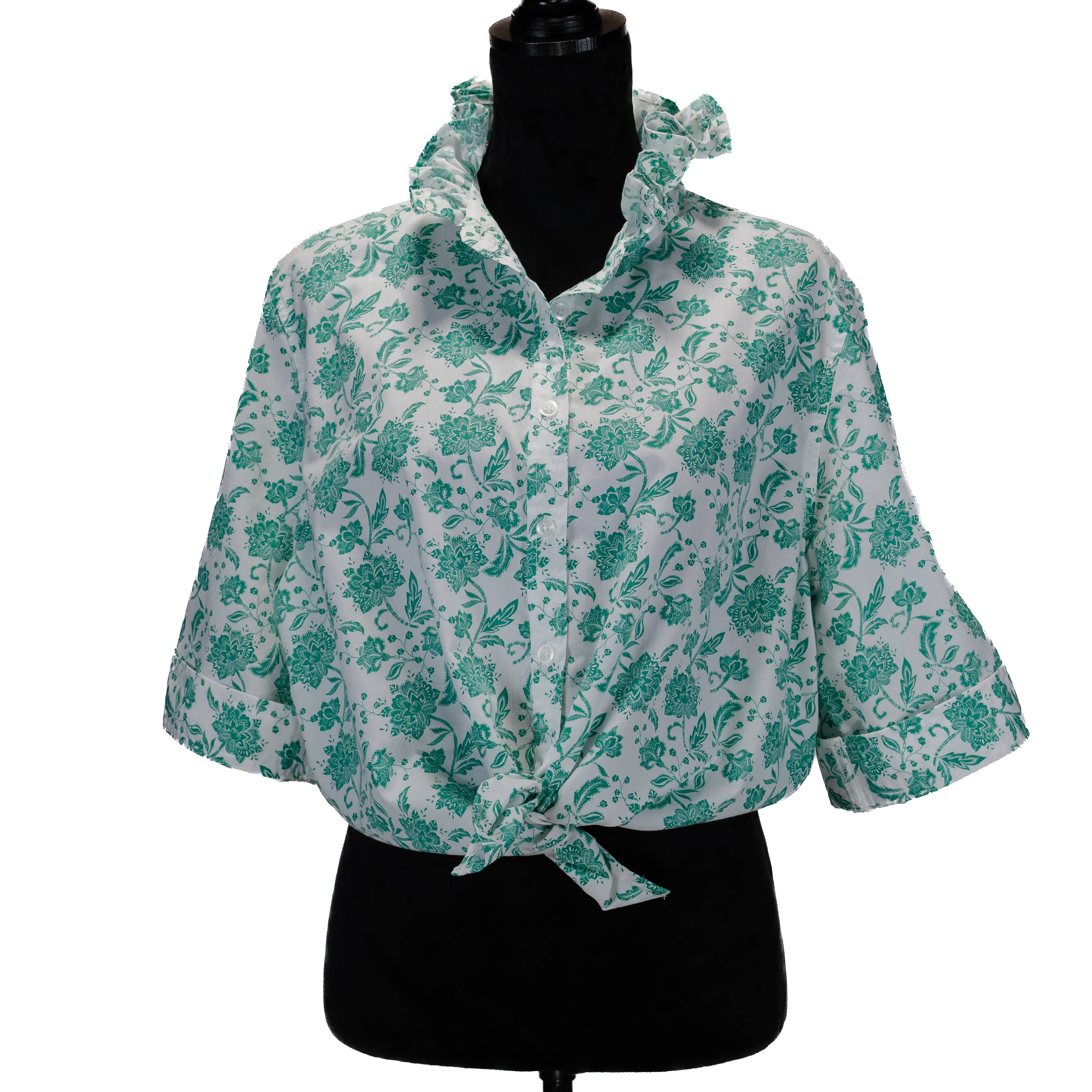 Upcycle Ruffle Collar Women Shirt Green Button 3/4 XL