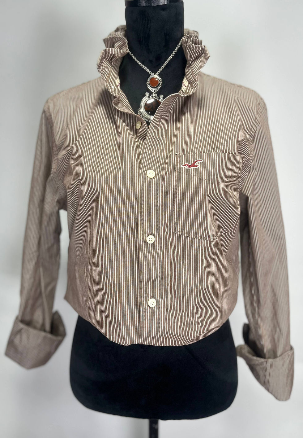 Thumbnail: Bespoke Collar Cottagecore Shirt Brown Stripe Women S-M