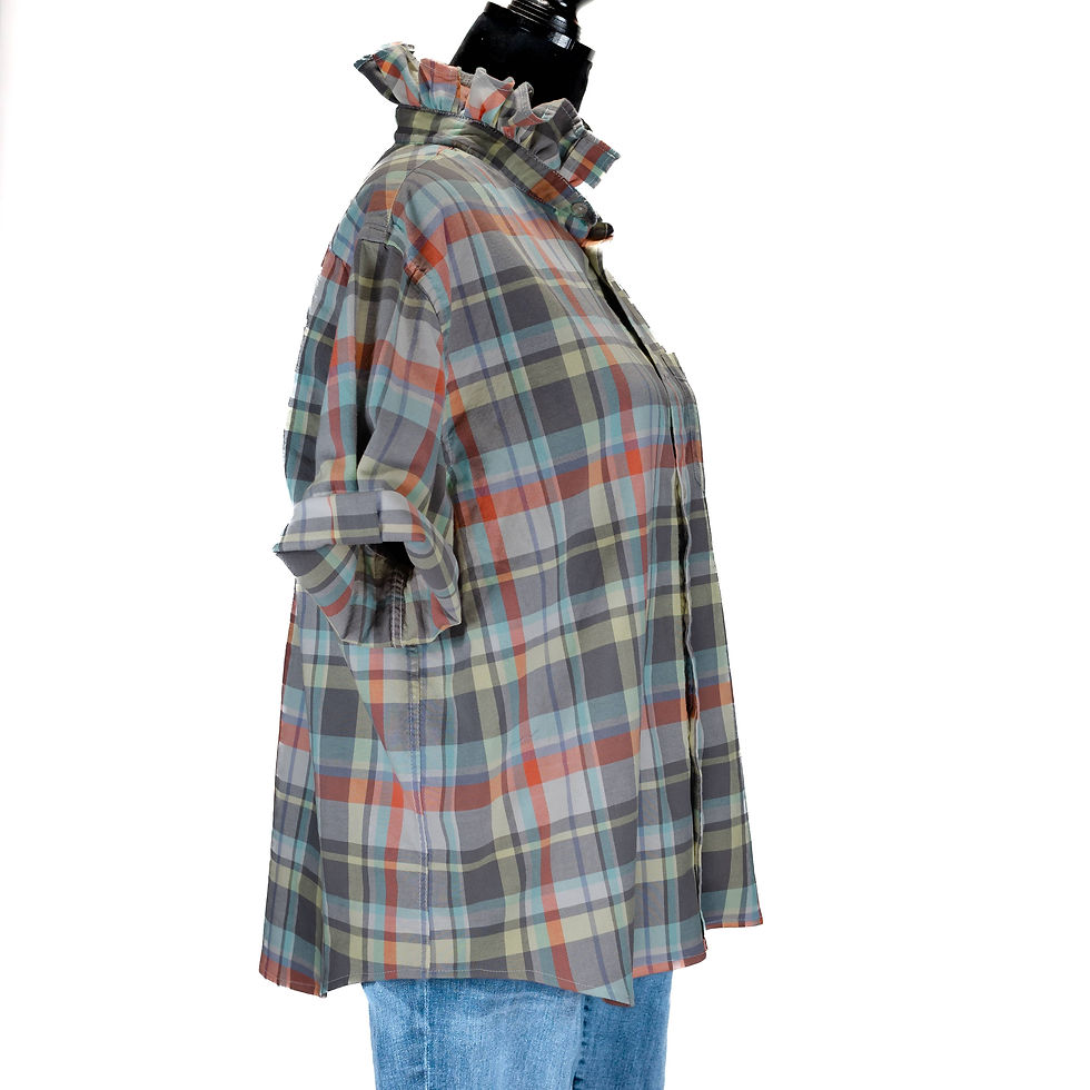 Thumbnail: Upcycle Ruffle Collar Button Women Shirt L-XL Plaid Grey 