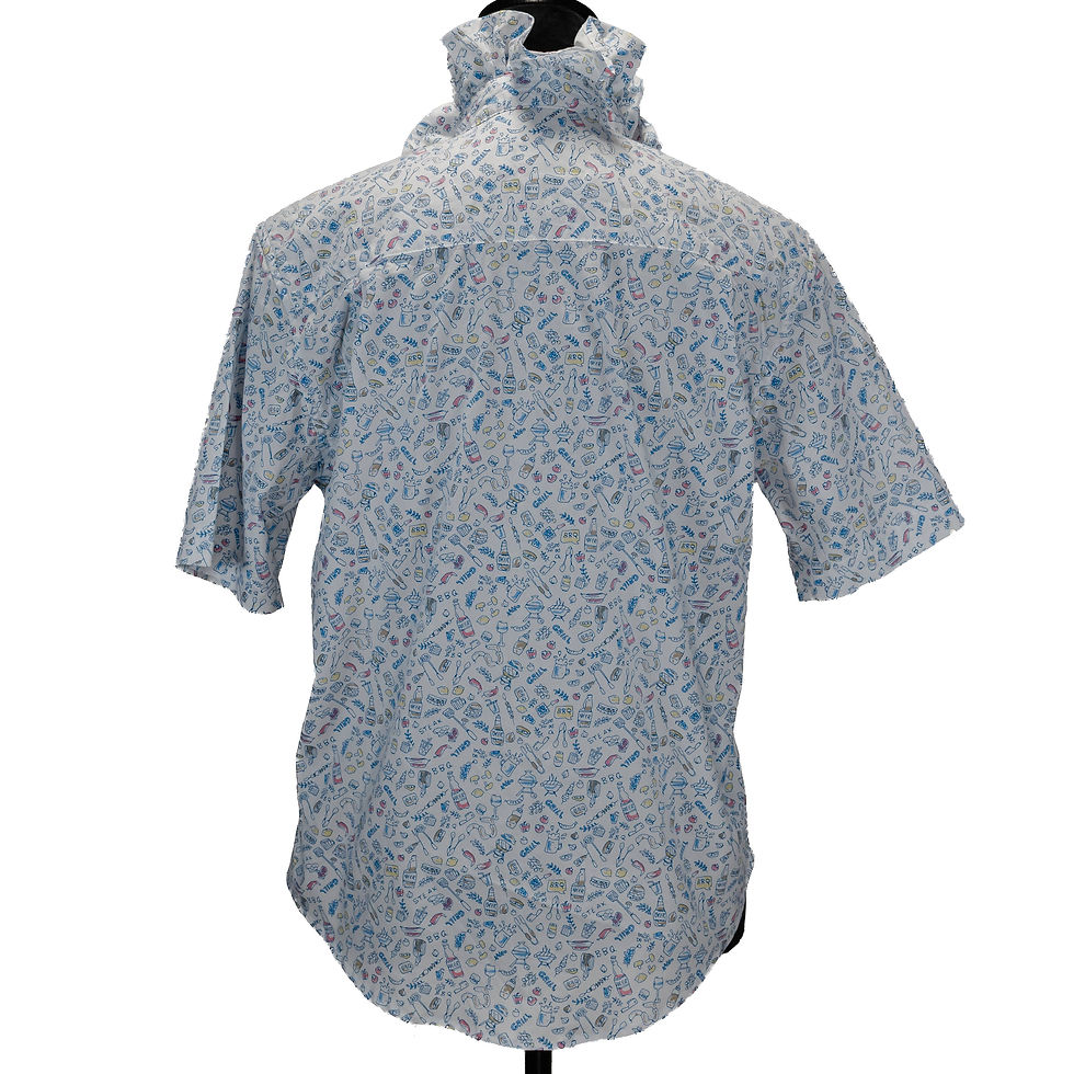 Thumbnail: Upcycle Ruffle Collar Women Shirt Grilling Theme S-M Button 