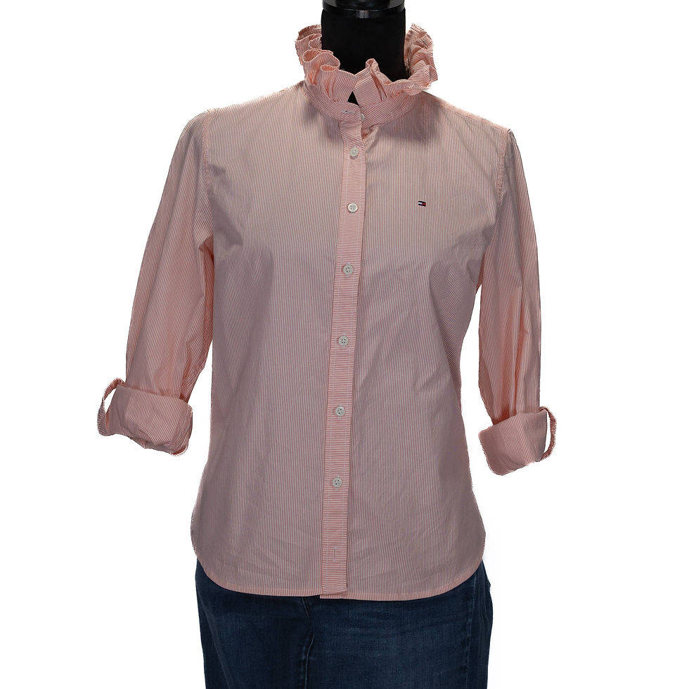 Thumbnail: Upcycle Ruffle Collar Women Shirt Fitted Peach Stripe XS