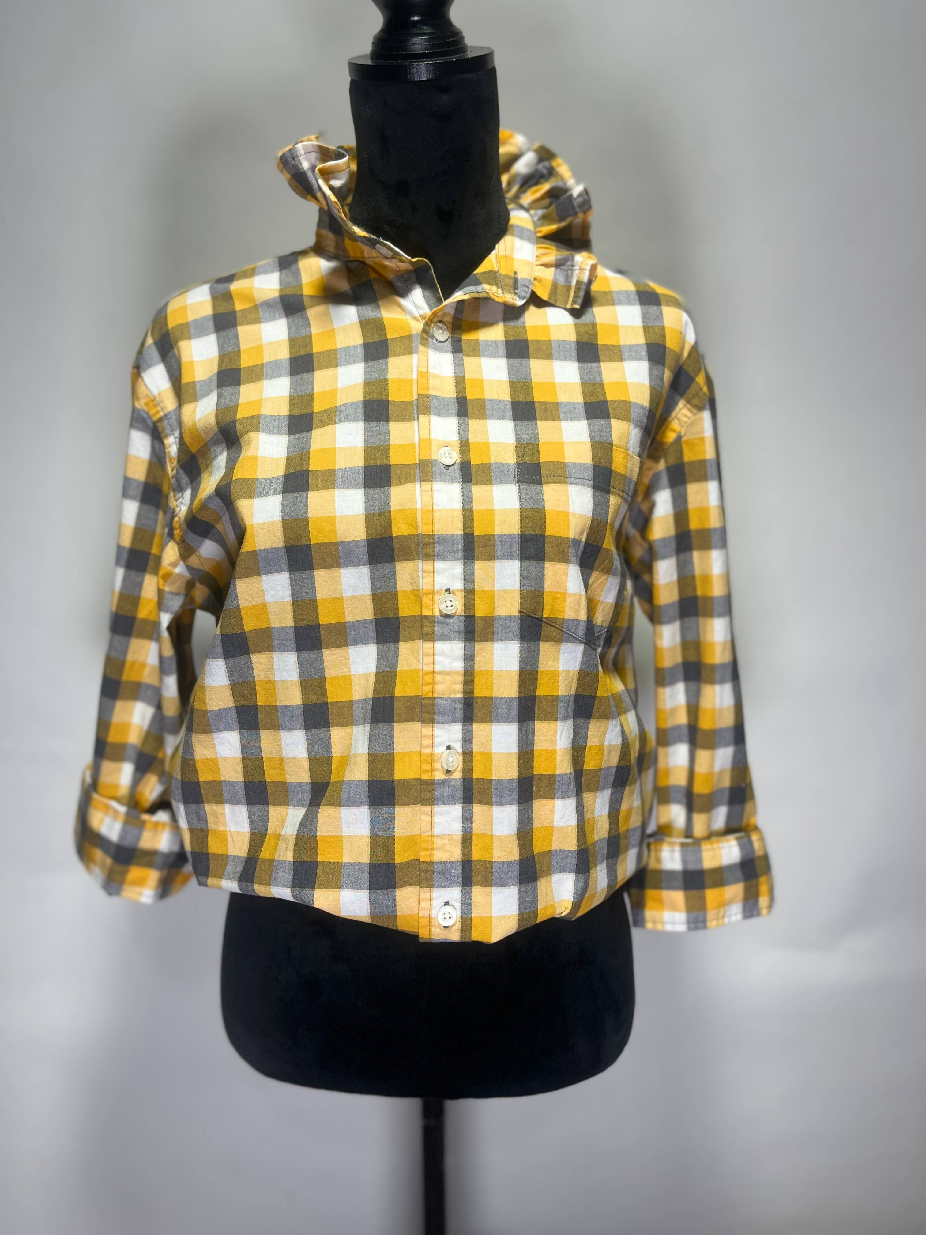 Ruffle Collar Cottagecore Shirt Mustard/Grey Plaid Women S-M