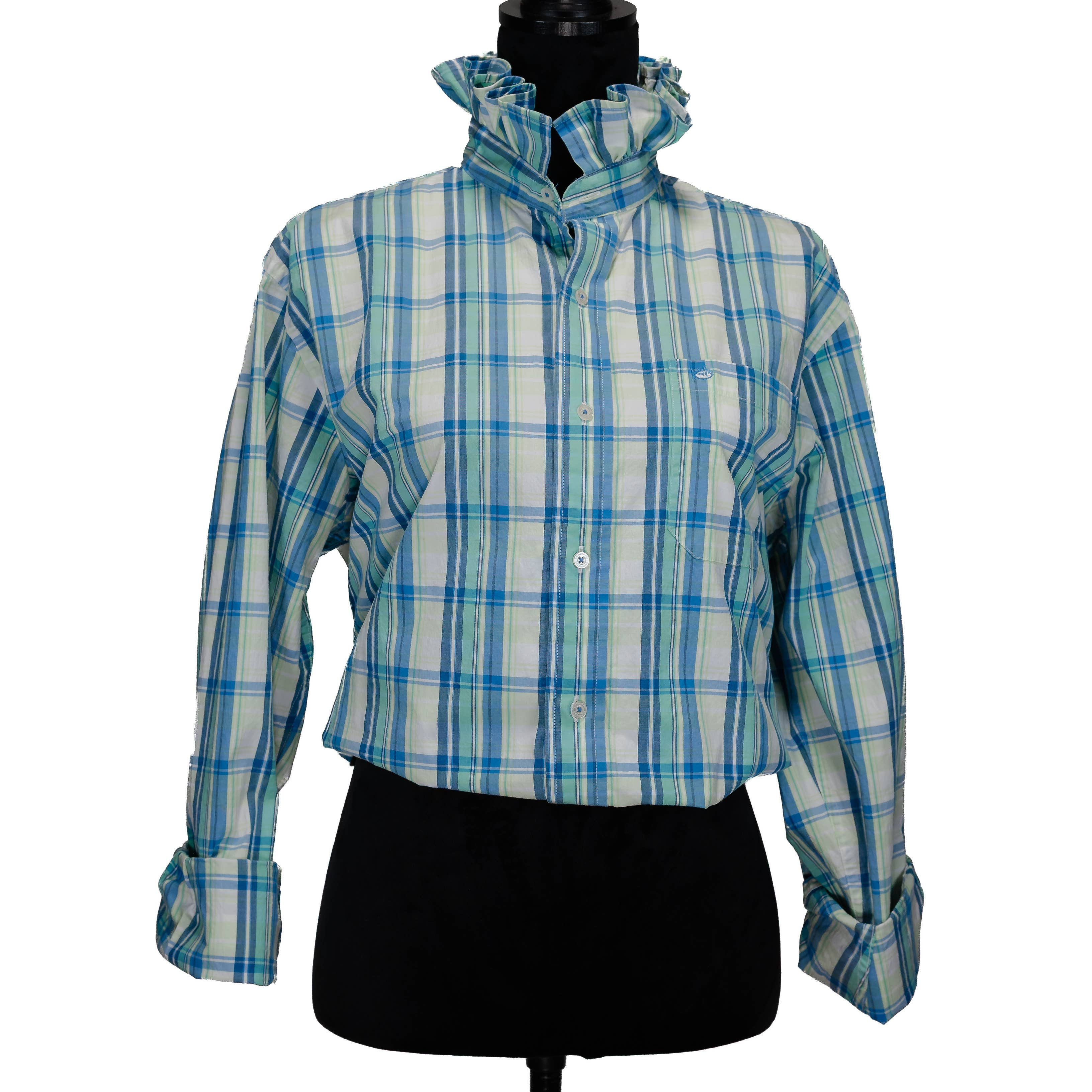 Redesign Ruffle Collar Cottagecore Women Shirt BlueGreen Pld