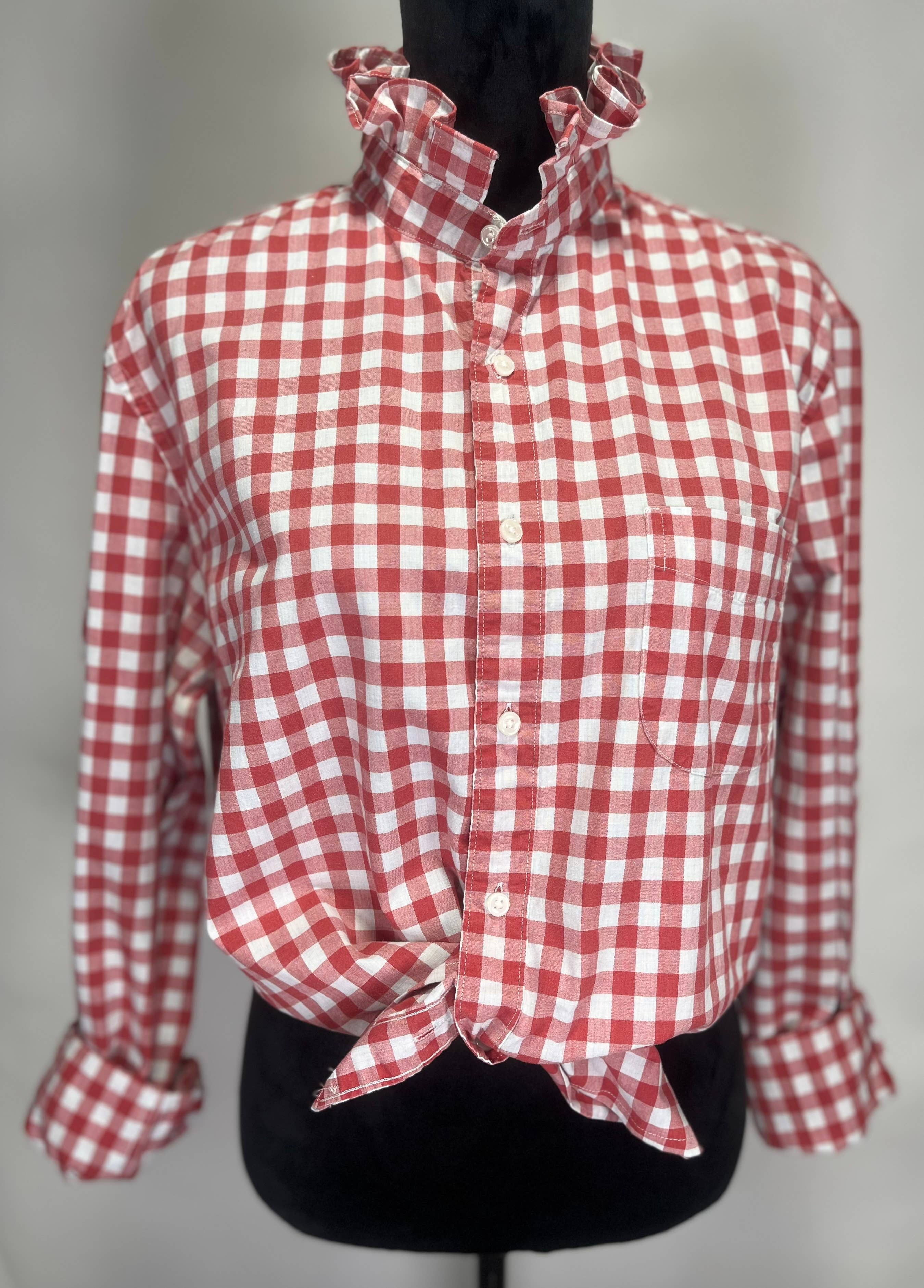 Bespoke Collar Cottagecore Shirt Red Cream Check Women M-L
