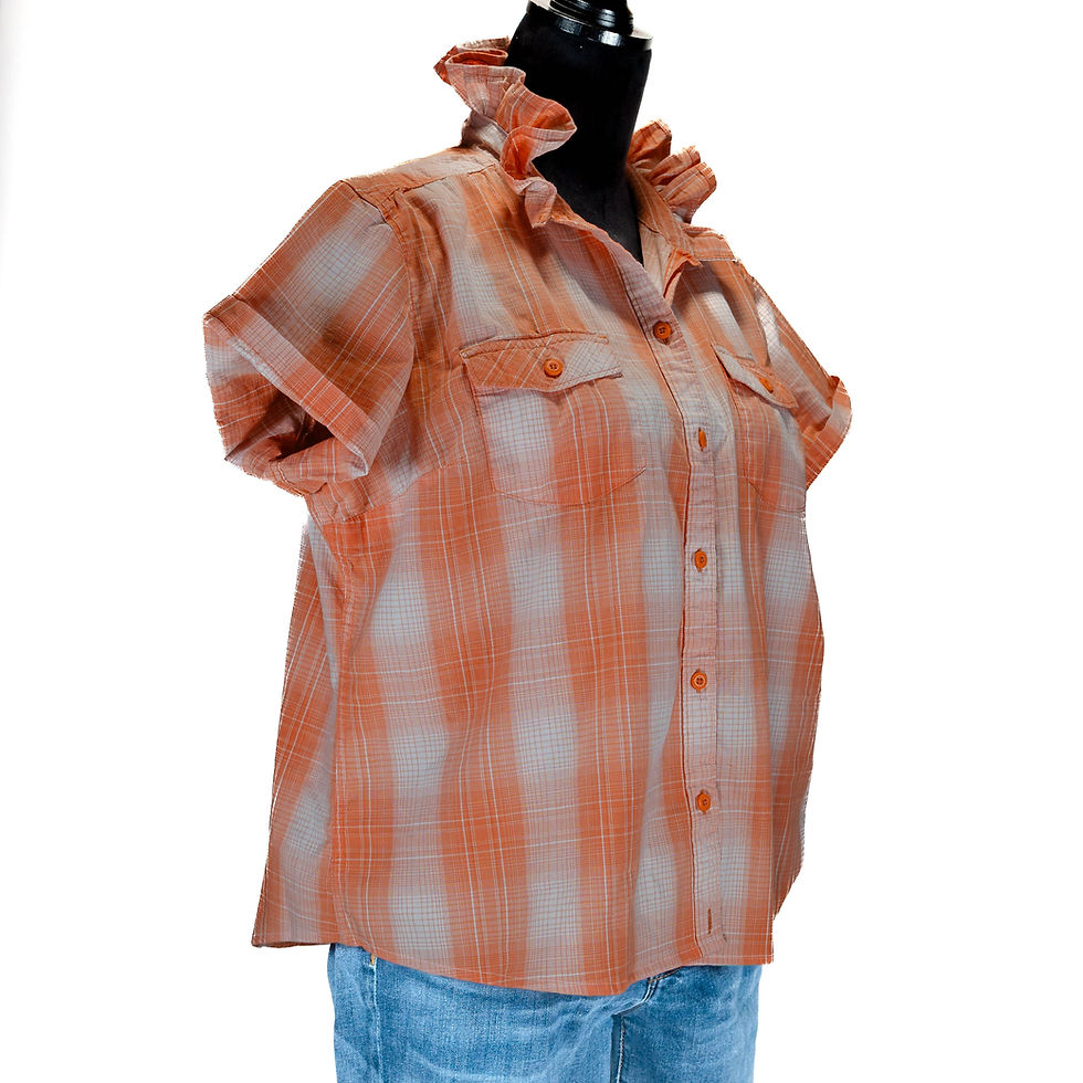 Thumbnail: Upcycle Ruffle Collar Button Women Shirt M-L  Plaid Orange