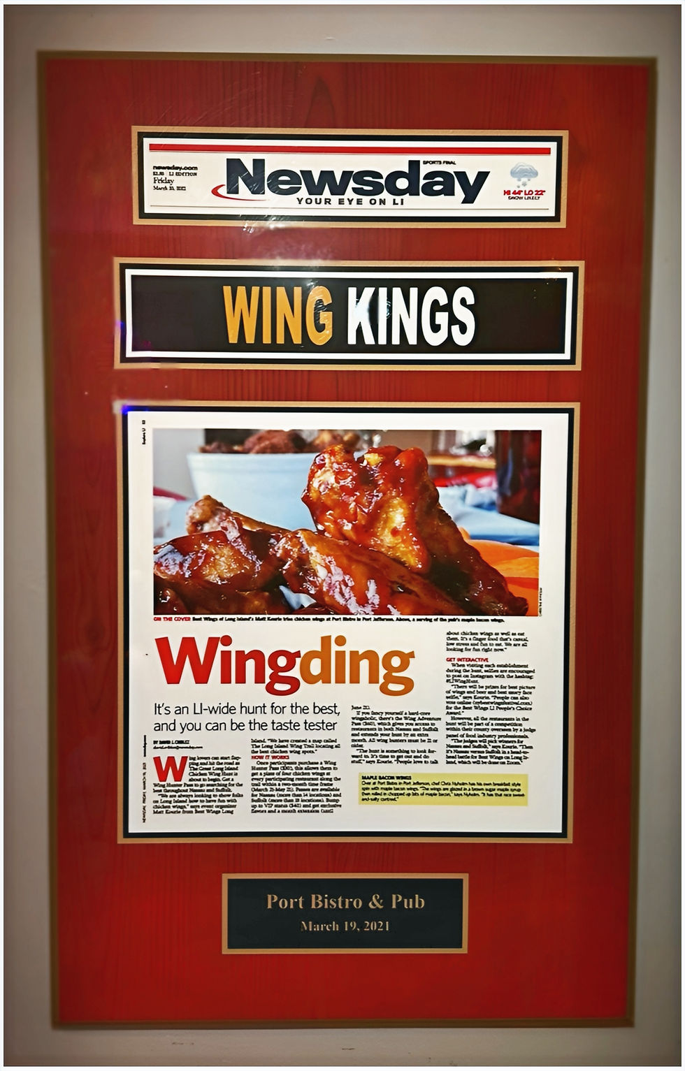 Newsday Wing Kings award plaque featuring Port Bistro & Pub’s winning Buffalo wings in Long Island’s top wing competition.