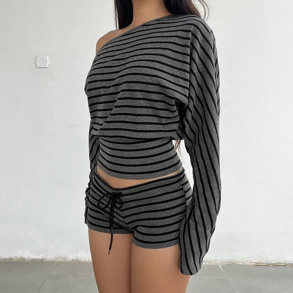 Thumbnail: Women Summer 2 Piece Outfits Fall Stylish Long Sleeve Off Shoulder Striped Crop