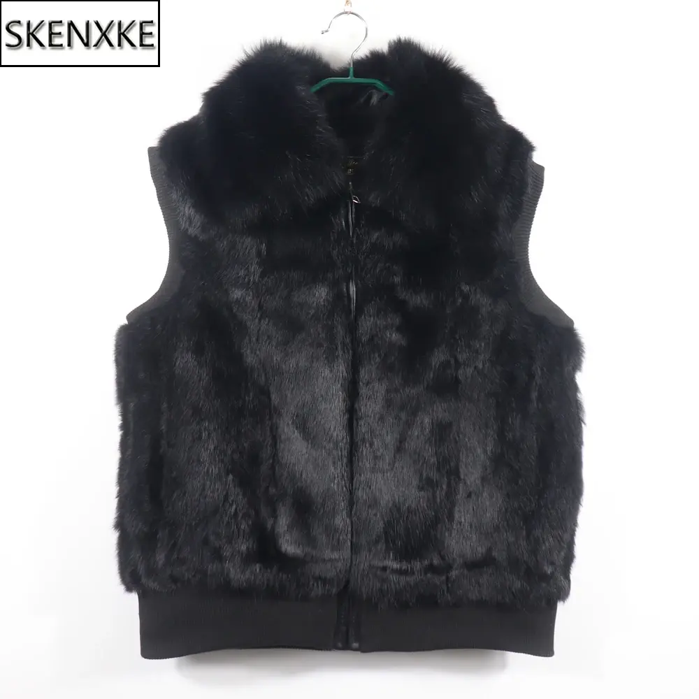 Women's Genuine Real Rabbit Fur Vest Coat Knitting Winter Fox Fur Collar Fur
